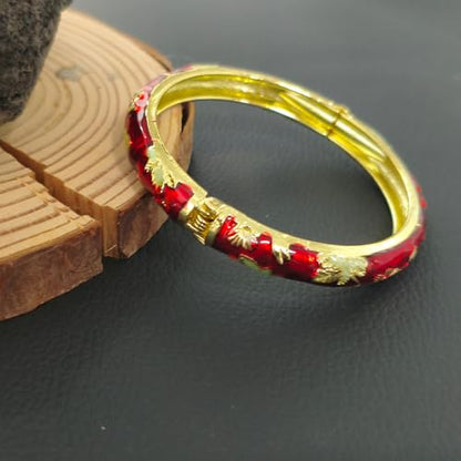 Cloisonne Bracelet For Women, Chunky Bangle Trendy Cute Flower Enamel Bangles Multi Tone Engraved Cuff Gold Plated Bracelets Stackable Wife Jewelry Friendship Gift - color: Red