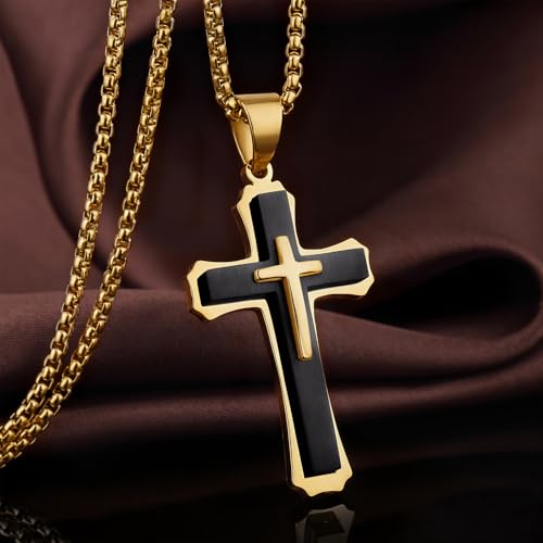Men's Cross Necklace 316L Stainless Steel Large Heavy Cross Pendant for Men Polished Jewelry Rolo Chain with 22'' 24'' 26'' - color: G-Black and Gold-Tone, size: 22 inch