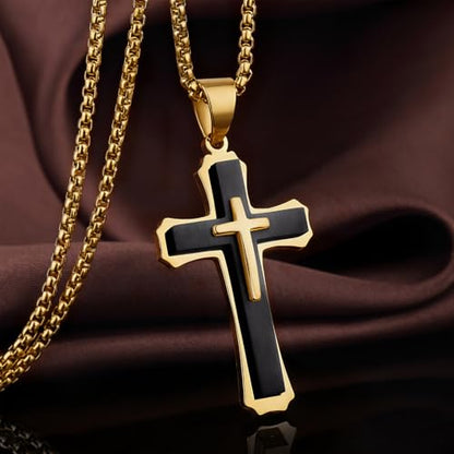 Men's Cross Necklace 316L Stainless Steel Large Heavy Cross Pendant for Men Polished Jewelry Rolo Chain with 22'' 24'' 26'' - color: G-Black and Gold-Tone, size: 24 inch