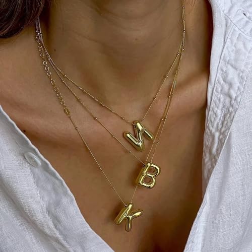 Gold Bubble Initial Necklace for Women Balloon Letter Necklace 18K Gold Plated Dainty Alphabet Pendant Puffy Name Personal Necklace - color: I