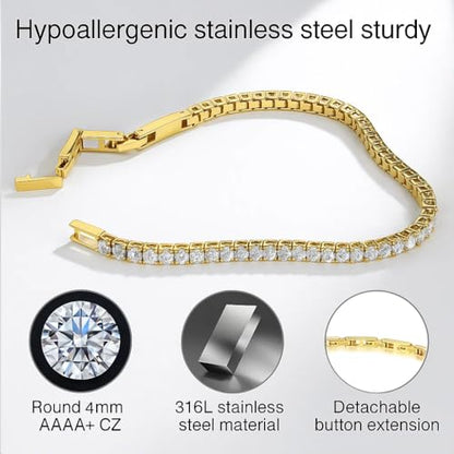 Stainless Steel Adjustable CZ Tennis Bracelet for Women Men | 14K Gold Plated, Round 3mm/4mm/5mm AAAA+ Cubic Zirconia, Dainty Classic, Festival Wedding Jewelry Gift - color: Gold, size: CZ 4mm