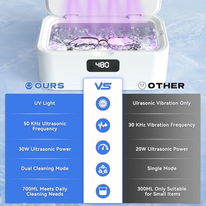 Ultrasonic Jewelry Cleaner, 50Khz Jewelry Cleaner Ultrasonic Machine for Jewelry, Eyeglasses, Rings, Watch Strap, Dentures, 24oz - 304 Stainless Steel Tank, Digital Timer, 5 Cleaning Modes - color: White