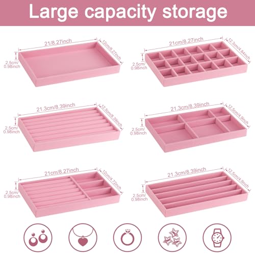 12Pcs Velvet Stackable Jewelry Trays, Jewelry Drawer Organizer, Large Removable Display Jewelry Tray, Necklace Bracelet Storage Box for Earring, Ring, Brooch, Watch (Pink) - color: 12 Pack-Pink