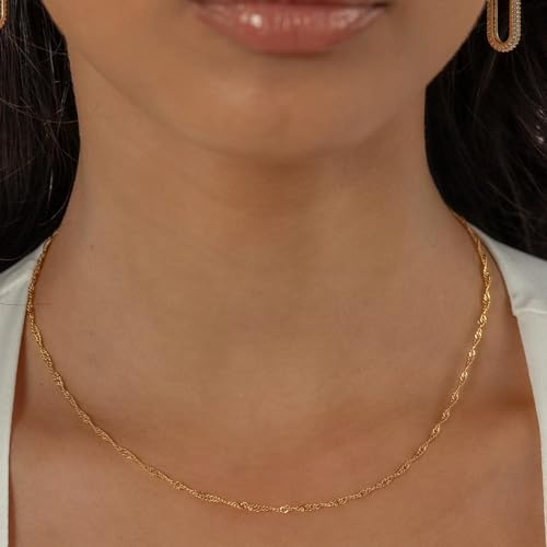 14K Gold Plated Chain Necklace for Women Trendy - 925 Sterling Silver Clasp | Waterproof Dainty Choker Necklace, 14/16/18/20 inch Thin Simple Box Figaro Chain Herringbone Necklace Jewelry for Women Men - color: Singapore
