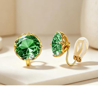Round Austrian Crystal Clip On Earrings for Women Non Pierced Earrings, Hypoallergenic Clip-on Earrings Jewelry Gift for Sensitive Ears - color: Green