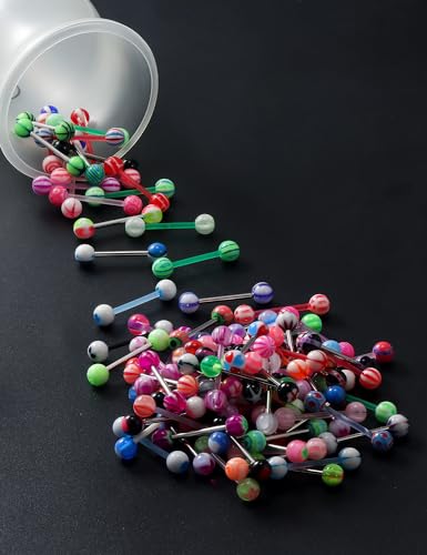 100pcs 14g Tongue Rings Nipple Rings for Women Men Surgical Stainless Steel Tongue/Nipple Piercing Jewelry Plastic Metal Tongue Ring 16MM Acrylic Straight Barbells Body Piercing Jewelry - color: B-100PCS Plastic/Mttal Tongue/Nipple Rings 14mm