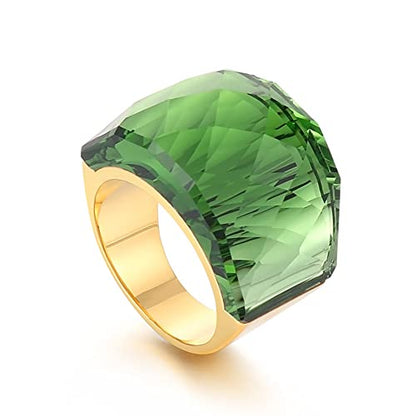 Crystal Glass Stainless Steel Band Ring Gold-Tone Plated Fashion Exaggerated Cubic Zirconia Rings Women's Stunning Large Statement Rhinestone Bands Cocktail Party Ring for Ladies Birthday - color: Green, size: 7