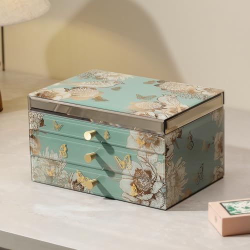 High End Glass Jewelry Box, 3 Layer Jewelry Organizer, Velvet-Lined Case For Ring, Necklace, Earring, Bracelet Storage,Ideal Gift for Her (Bird & Floral) | Large Jewelry Organizer, Velvet-Lined Case, For Ring, Necklace, Earring, Bracelet Watches Storage,