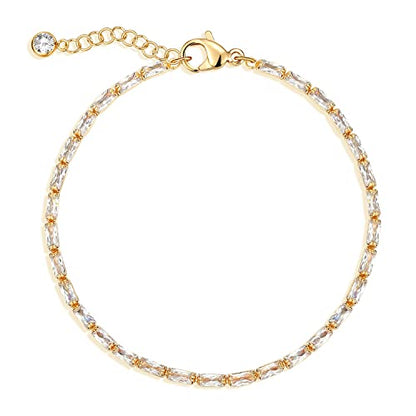 MEVECCO Dainty Chain Bracelets for Women, Layered and Charm Styles | 14K Gold Plated Brass, Select Cubic Zirconia Accents, Single and Multi-Row Structures for Refined Everyday Wristwear - style: Tennis Chain Baguette