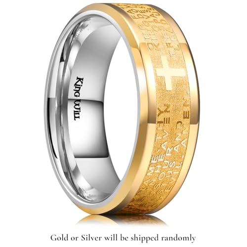 King Will Stainless Steel Men Ring Lord's Prayer Cross Ring Stainless Steel Men Wedding Ring, Wedding Band Bible Engraved Rings High Polished, Comfort Fit | 8mm, Gold/Silver/Black Wedding Band, Bible Engraved Rings, High Polished, Comfort Fit, Size 7-14 -