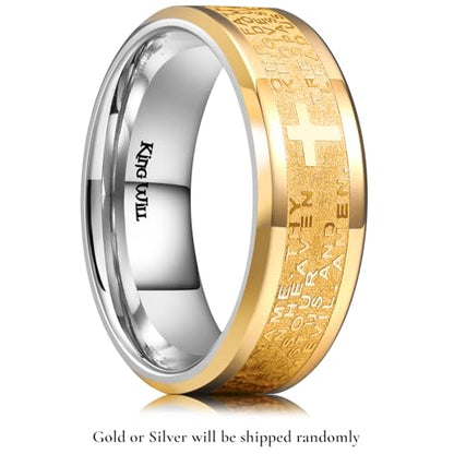 King Will Stainless Steel Men Ring Lord's Prayer Cross Ring Stainless Steel Men Wedding Ring, Wedding Band Bible Engraved Rings High Polished, Comfort Fit | 8mm, Gold/Silver/Black Wedding Band, Bible Engraved Rings, High Polished, Comfort Fit, Size 7-14 -