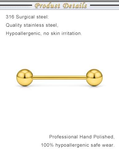 16G 14G Surgical Steel Tongue Rings Nipple Rings Industrial Piercing Jewelry Set Multi Size Straight Barbells 12mm 14mm 16mm 19mm 22mm 28mm 32mm 35mm 38mm 40mm 45mm for Women Men - color: goldtone, size: 16g,bar length 16mm
