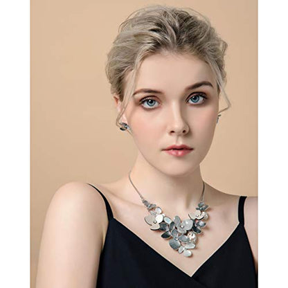 AMYJANE Vintage Statement Jewelry Set - Spring Leaf Flower Floral Plant Necklace Earring Set Crystal Rhinestone Fashion Costume Jewelry for Women Prom Party Unique Gift - style: meilian flower jewelry set grey