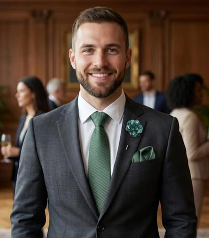 joy alice 30 Colors Solid Ties for Man Pure Color Men's Tie Set with Lapel Pin Pocket Square Tie Clip - color: Dark Green02