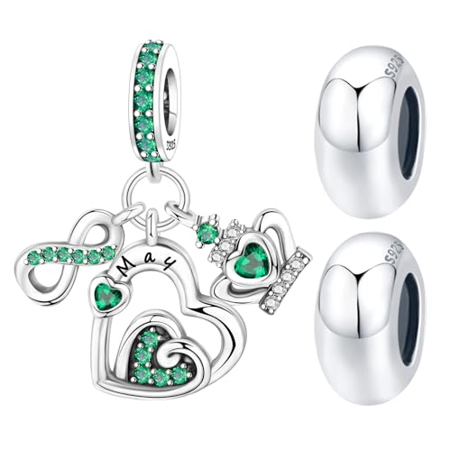 3PCS Birthstone Stone Charms for Charms Bracelet 925 Sterling Silver Infinity Love Heart Crown Dangle Charms Spacer Stopper Beads for Bracelets and Necklaces, Birthday Mother's Day Christmas Gifts For Women. - color: 05 May 3PCS