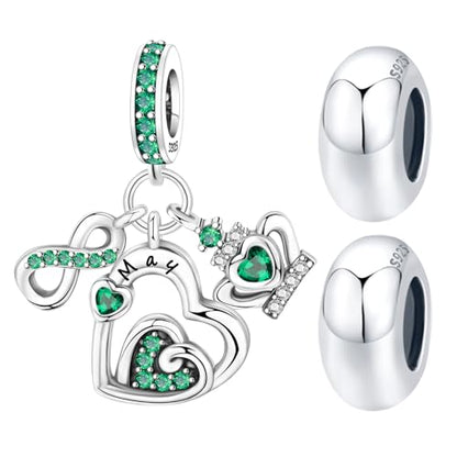 3PCS Birthstone Stone Charms for Charms Bracelet 925 Sterling Silver Infinity Love Heart Crown Dangle Charms Spacer Stopper Beads for Bracelets and Necklaces, Birthday Mother's Day Christmas Gifts For Women. - color: 05 May 3PCS