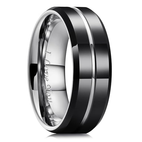 King Will Tungsten Carbide Wedding Band for Men Women-6/8/10mm Width Multicolor Available with Grooved Center Wedding Ring Suitable for Work, Gym Comfort Fit Size 4-16 - color: Black and Silver-8mm-I LOVE YOU