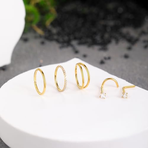 Xpircn 5pcs Hoop Nose Rings and L Shaped Nose Rings Stud Set 18G/20G Stainless Steel CZ Helix Conch Daith Tragus Cartilage Hoop Earrings for Women 6mm 7mm 8mm 10mm - color: Gold, size: 20G, 8mm hoop & 7mm studs