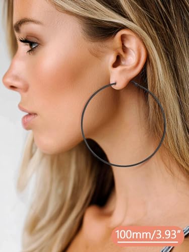 FaithHeart Silver/Black/Gold Stainless Steel Thin Hoop Earrings for Women | 2mm Wide Thin Large Hoop Earrings, Hypoallergenic Lightweight Trendy Jewelry, 20/30/40/50/60/70/80/90/100mm - color: Black, size: 100mm/3.93"