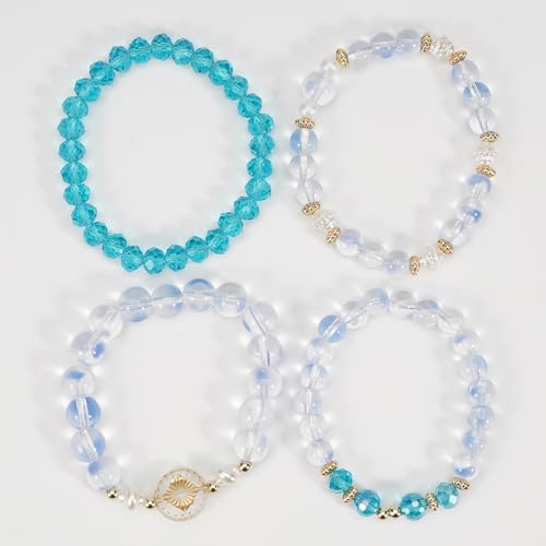 Boho Beaded Bracelet Set for Women - 4 Pcs Multilayer Stackable Crystal Glass Bead Bracelets with Faux Pearl Elastic Stretch Fashion Jewelry for Daily Wear, Beach, Party & Gifts - color: Green