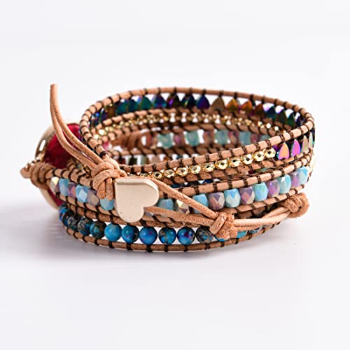 YGLINE Boho Handmade Wrap Leather Tube Crystal Stone Bracelet for Women - color: Heart Jasper