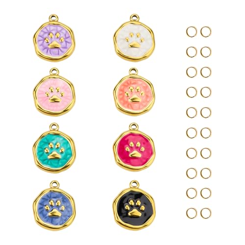 UAMOKANG 8pcs Mixed Color Enamel Round Charms for Jewelry Making, Gold Plated Stainless Steel Paws Bulk Charm Pendant for Necklace Bracelet DIY - color: Round Paw