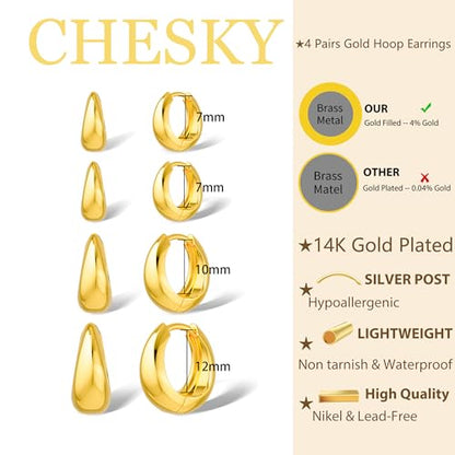 CHESKY 4 Pairs Small Huggie Hoop Earrings for Women - Chunky 14K Gold Plated/Silver Plated Lightweight Earring Stacks Cartilage Hoop Earrings Set for Multiple Piercing Trendy Jewelry - style: 4hoops-gd