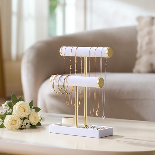 bussdis 2 Tier Bracelet Holder Display, Necklace Holder Organizer, White | Velvet Necklace Holder | Jewelry Tree | Jewelry Towers | Jewelry Stand Organizer for Necklaces, Bracelets, Earrings, Rings - color: White