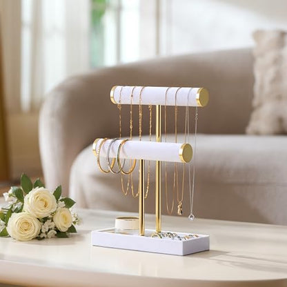 bussdis 2 Tier Bracelet Holder Display, Necklace Holder Organizer, White | Velvet Necklace Holder | Jewelry Tree | Jewelry Towers | Jewelry Stand Organizer for Necklaces, Bracelets, Earrings, Rings - color: White
