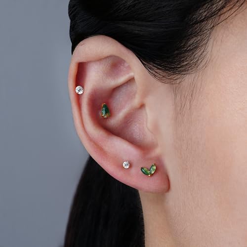 1PC ASTM F136 Titanium Piercing Jewelry for Tragus Conch Helix Flat Labret 18G 6mm 8mm, Cartilage Earring Flatback Stud - color: Moss Agate Drop - Gold
