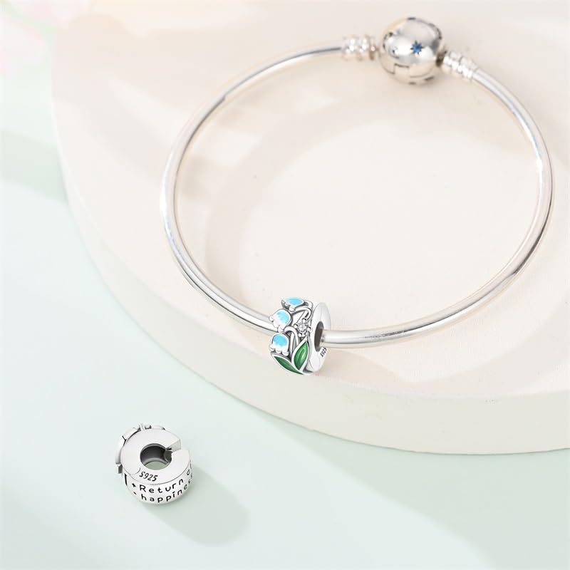 925 Sterling Silver Openable Clip Spacer Bead Fits Pandora Bracelet | Hypoallergenic Clip Stopper Charm, Star Clover Butterfly Floral Mom Heart Paved Zircon Gift for DIY Charm Bracelet Jewelry - color: Lily of The Valley