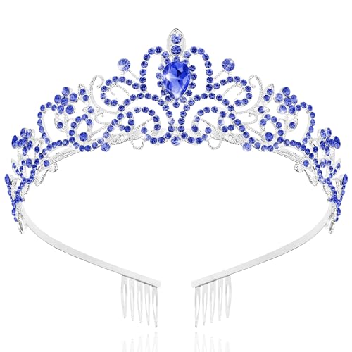 TAROSE Tiaras for Women, Birthday Crown and Sash for Girls | Birthday Sash Sunglasses Outfit, Birthday Gift for Women Girls, Goddess Crown Bride/Halloween/Prom/Party/Costume - color: 1 F. Silver+royal Blue