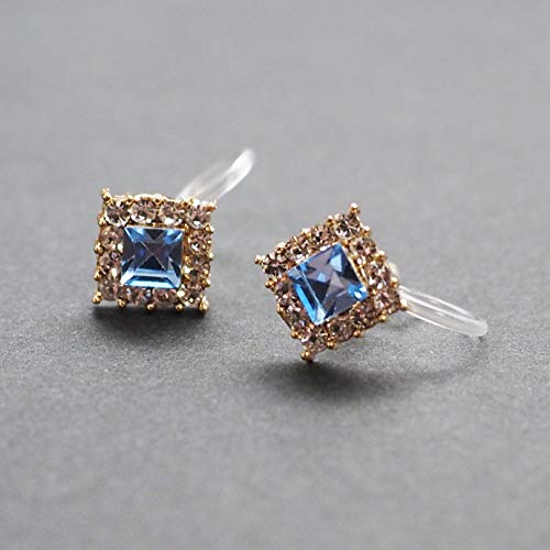 Star Clear Austrian Crystal Invisible Clip On Stud Earrings Blue Light Orange Purple Silver Square Rhinestone Screw Back Gold Dangle Clip Earrings - color: Square Light Blue