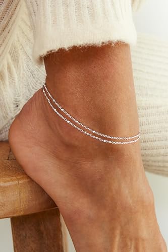 Robaice Ankle Bracelets for Women, 14K Gold Plated/Silver Layered Anklets | Waterproof Adjustable Anklet for Women, Summer Beach Anklet, Glitter Jewelry for Women Gifts - color: Silver-1