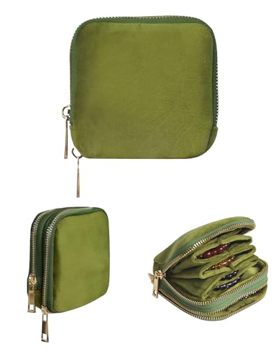 Stratalife Small Travel Jewelry Case, Velvet Storgae Pouch | 2-Layered, Portable Jewelry Organizer for Gemstones Healing Crystal & Bracelets Bangles, Ring Holder with Zipper, Light Green - color: Green-02