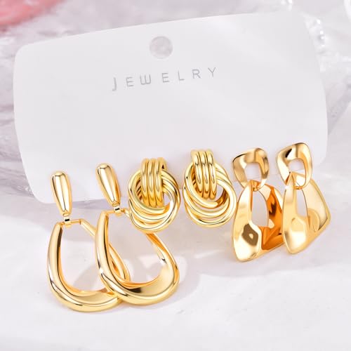 Chunky Gold Earrings For Women Trendy Statement Gold Plated Flower Shell Knot Dangle Earrings Lightweight Hypoallergenic Fashion Jewelry Set - color: gold-A