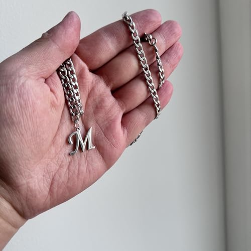 Stainless Steel Initial A-Z Necklace for Men Women,Cuban Chain,Titanium Steel Initial Letter Pendant Charm Necklaces Accessories Jewelry for Woman Man,21 Inch Chain - color: M