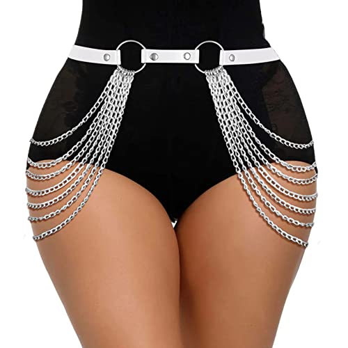JASGOOD Punk Waist Chain Belt Black Leather Layered Belly Body Waist Chains Nightclub Rave Body Chain Belt for Women Girls - color: C-white With Silver Chain, size: Suit for Waist Size: 25''-32''