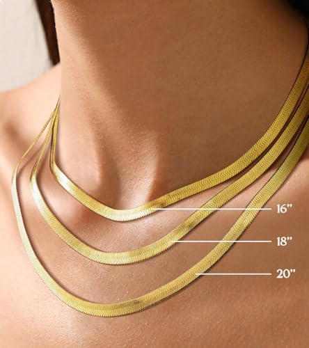 Wowshow 14K Gold Plated Italian Snake Chain Necklace Flat Herringbone Choker Dainty Necklace Bracelet Set for Women 16-18-20 Inch - color: 4.5mm-18 Inches-Necklace