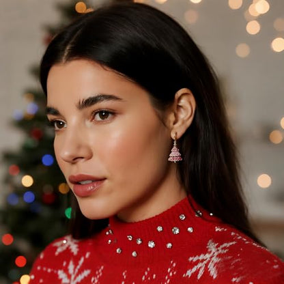 Sonateomber Gold Silver Small Hoop Dangle Earrings for Women, Trendy Dainty Rhinestone CZ Dangling Prom Wedding Leaf Flower Snowflake Butterfly Starfish Fashion Jewelry Gift - color: Pink Tree
