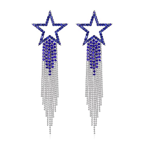 EVER FAITH Crystal Long Waterfall Star Tassel Clip-on Earrings for Women | Rhinestone Beaded Fringe Chandelier Dangle Statement Earring, Wedding Party Jewelry - color: Navy Blue Silver-Tone