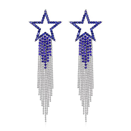 EVER FAITH Crystal Long Waterfall Star Tassel Clip-on Earrings for Women | Rhinestone Beaded Fringe Chandelier Dangle Statement Earring, Wedding Party Jewelry - color: Navy Blue Silver-Tone