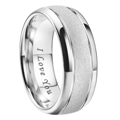 TUTISS 6mm 8mm Black/Gold/Rose Gold/White Tungsten Rings for Men Women Fashion Engagement Wedding Bands Sandblasted Finish I Love You Engraved Comfort Fit - color: 8mm White Tungsten I Love You