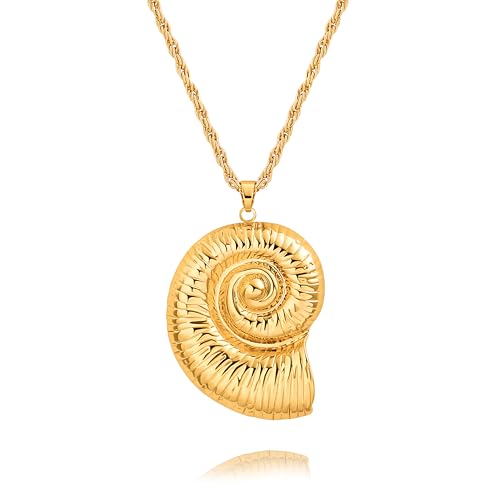 18k Gold Plated Chain Link Necklace for Women, Baroque Pearl/Compass Pendant Necklace - color: Nautilus shell