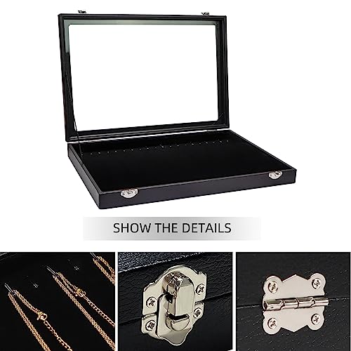 Wudygirl Necklace Organizer Leather Jewelry Tray with Lid 13.7"x9.4" Black | 20 Hooks Jewelry Organizer with Velvet Liner, Ideal for Jewelry Storage, Dresser Drawer or Gift, Dustproof Design - style: Necklace Tray