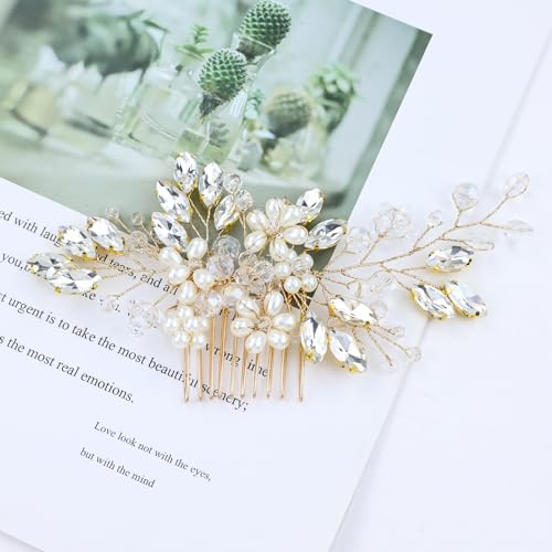 inSowni 17 Pieces Gold Metal Rhinestone Pearl Wedding Bridal Hair Side Comb Slides+U-shaped Flower Hair Pins+Pearl Twist Spiral Hairpins for Brides Bridesmaids Women Girls - color: Gold