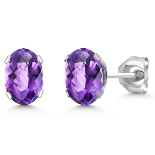 Gem Stone King Oval Gemstone Birthstone Stud Earrings for Women Men | Oval Cut 7X5MM | Fine Jewelry Gifts for Mom Dad Wife Him Her - style: Amethyst-Checkerboard, February