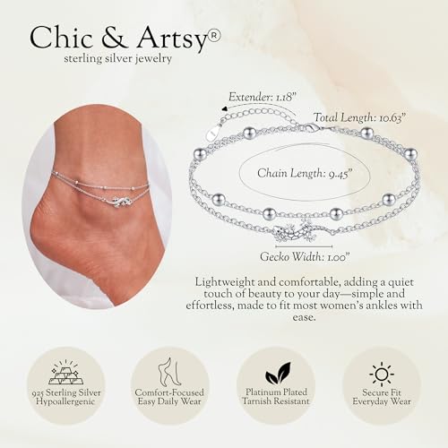 CHIC & ARTSY 925 Sterling Silver Ankle Bracelets for Women, Adjustable Layered Foot Chains with Nature & Symbol Charms, Lightweight Comfort Fit Boho Beach Everyday Jewelry - color: 2# Geckos Anklet