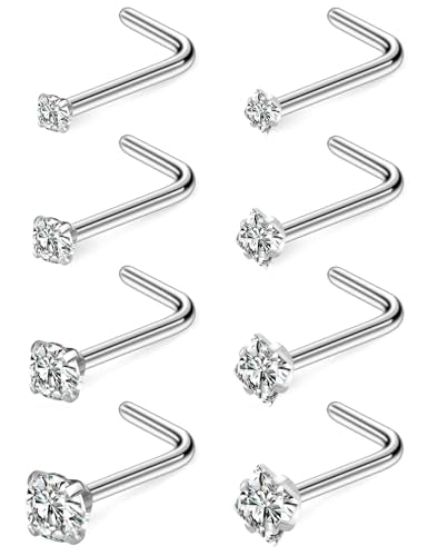 Hoeudjo Nose Studs Surgical Steel Cubic Zirconia Nose Rings Kit for Women Men Tiny Nose Stud Screw & Bone & L Shaped Nostril Piercing Jewelry 22-18 Gauge 8 Pieces 1.5mm 2mm 2.5mm 3mm - color: silvertone, size: 18g,L shaped nose studs,round+square CZ