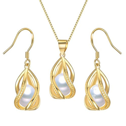 Pearl Jewelry Set For Women S925 Sterling Silver/14K Gold Plated Necklace & Earrings Set Freshwater Pearl Pendant Cage Set for Wedding Anniversary Prom Birthday Gift - color: Golden-White